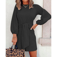 Knotted Long Sleeve Casual Dress - black