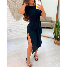 Knotted Side Slit Casual Dress - black