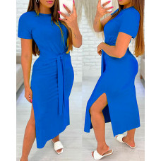 Knotted Side Slit Casual Dress - blue