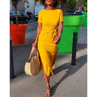 Knotted Side Slit Short Sleeve Dress - yellow