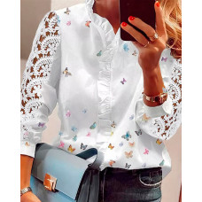 Lace Butterfly Print V-Neck Long Sleeve Patchwork Casual Blouse - white