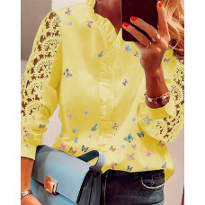 Lace Butterfly Print V-Neck Long Sleeve Patchwork Casual Blouse - yellow