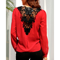 Lace Crochet Back Surplice Front Blouse - Wine red