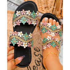 Lace Floral Double Strap Summer Beach Slippers - black