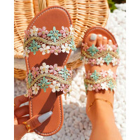 Lace Floral Double Strap Summer Beach Slippers - brown