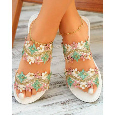 Lace Floral Double Strap Summer Beach Slippers - white