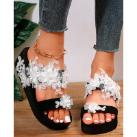 Lace Floral Pattern Double Strap Wedge Slippers - white