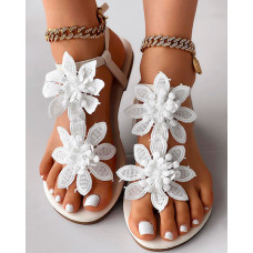 Lace Floral Pattern Slingback Beach Sandals - white