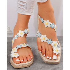 Lace Floral Pattern Toe Ring Summer Beach Sandals - blue