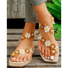 Lace Floral Pattern Toe Ring Summer Beach Sandals - brown