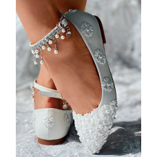 Lace Floral Rhinestone Pearls Tassel Comfort Bridal Wedding Loafers - white