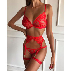 Lace Flower Spaghetti Strap Garter Lingerie Set - red