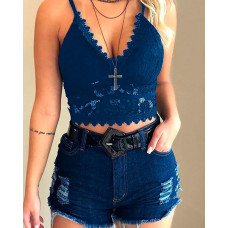 Lace Hollow Out Spaghetti Strap Top - dark blue