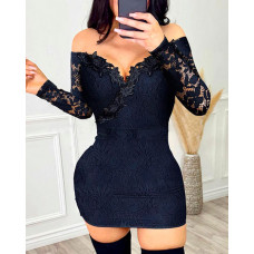 Lace Long Sleeve Bodycon Dress - black