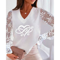 Lace Long Sleeve Heart Print V-Neck Top - white