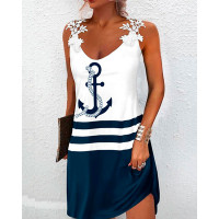 Lace Patch Anchor Print Colorblock Casual Dress - white