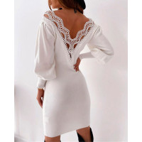 Lace Patch Backless Lantern Sleeve Bodycon Dress - white