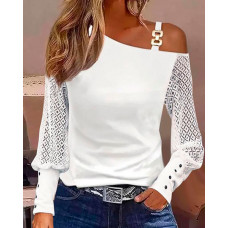 Lace Patch Buttoned Lantern Sleeve Top - white