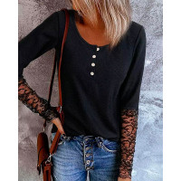 Lace Patch Buttoned Long Sleeve Top - black