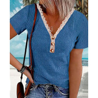 Lace Patch Buttoned Short Sleeve Top - blue