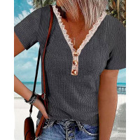 Lace Patch Buttoned Short Sleeve Top - gray