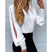 Lace Patch Buttoned Slit Lantern Sleeve Top - white