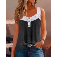 Lace Patch Buttoned Tank Top - Dark grey