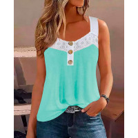 Lace Patch Buttoned Tank Top - green