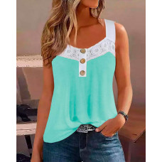 Lace Patch Buttoned Tank Top - green