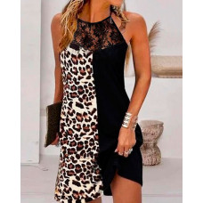 Lace Patch Cheetah Print Colorblock Casual Dress - Leopard