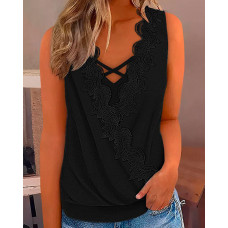 Lace Patch Crisscross Fake Two Piece Tank Top - black