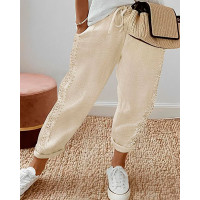 Lace Patch Drawstring Pocket Design Pants - Apricot