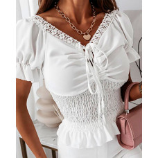 Lace Patch Drawstring Shirred Ruched Top - white