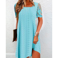 Lace Patch Eyelet Embroidery Casual Dress - blue