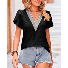 Lace Patch Eyelet Embroidery Petal Sleeve Top - black