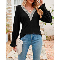 Lace Patch Eyelet Embroidery Shirred Top - black