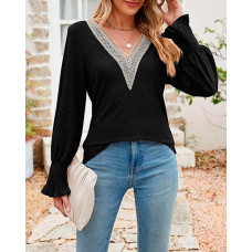 Lace Patch Eyelet Embroidery Shirred Top - black