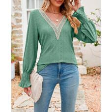 Lace Patch Eyelet Embroidery Shirred Top - green