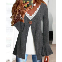 Lace Patch Fake Two Piece Bell Sleeve Top - Dark grey