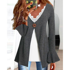 Lace Patch Fake Two Piece Bell Sleeve Top - Dark grey