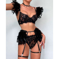 Lace Patch Feather Decor Garter Lingerie Set - black