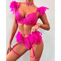 Lace Patch Feather Decor Garter Lingerie Set - hot pink