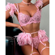 Lace Patch Feather Decor Garter Lingerie Set - pink