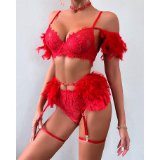 Lace Patch Feather Decor Garter Lingerie Set - red