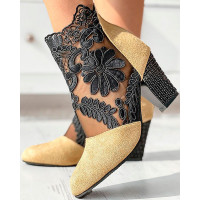 Lace Patch Floral Pattern Chunky Heel Ankle Boots - beige