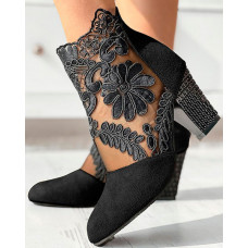 Lace Patch Floral Pattern Chunky Heel Ankle Boots - black