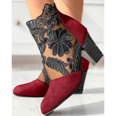 Lace Patch Floral Pattern Chunky Heel Ankle Boots - Wine red