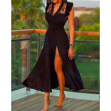 Lace Patch Flutter Sleeve High Slit Maxi Dress - black