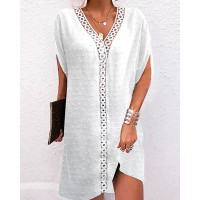 Lace Patch Half Sleeve V-Neck Casual Dress - white