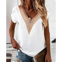 Lace Patch Hollow Out V-Neck Top - white